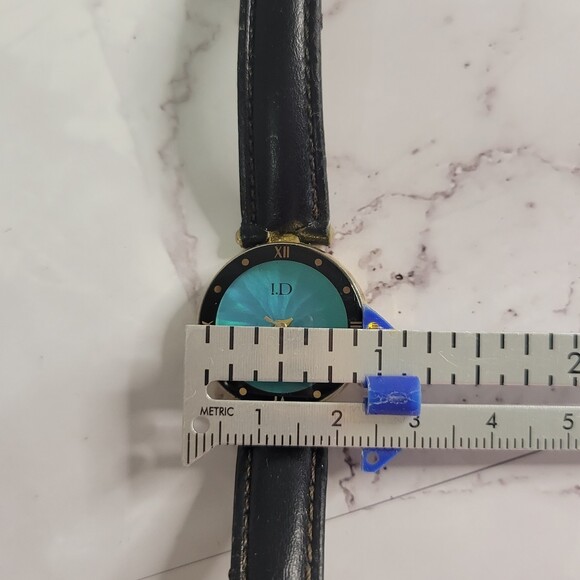 I.D. Titanium Vintage gold tone turquoise face black leather band watch - Picture 12 of 12
